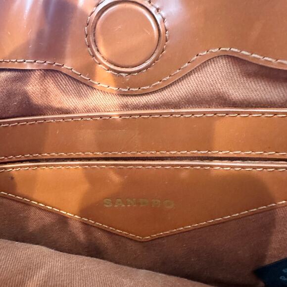 Sandro Brown Shiny Leather Shoulder Bag Structured Designer Logo 11x6x1 $425 - Picture 6 of 9